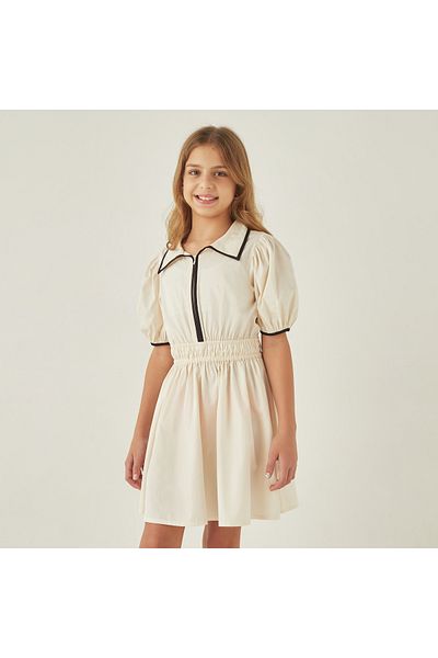 Juniors Solid Collared Dress With Short Puff Sleeves And Piping Detail