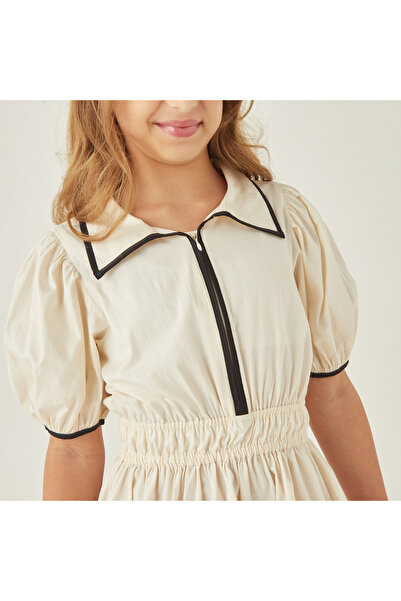Juniors Solid Collared Dress With Short Puff Sleeves And Piping Detail