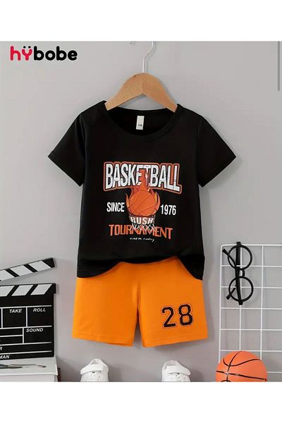 vinraus Girl\Boy Black-Orange Basketball Tournament Printed Shorts-Tshirt Set