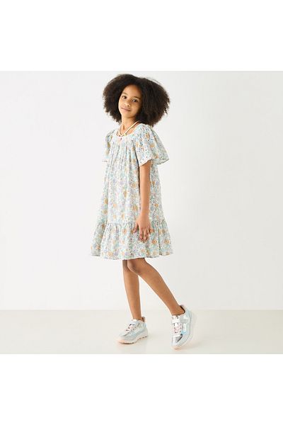 ELIGO All-Over Floral Print A-Line Dress With Schffli Detail And Flutter Sleeves