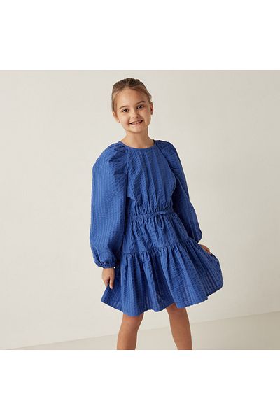 Juniors Textured Cotton A-Line Dress With Volume Sleeves