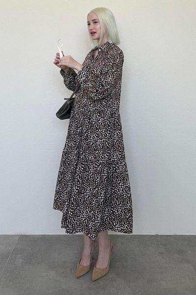 Madmext Brown Long Sleeve Buttoned Patterned Dress Mg2431