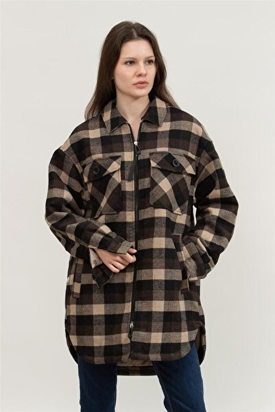Replay Kadın Kahverengi Ekoseli Dış Gömlek