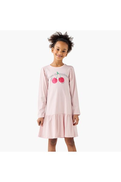 Juniors Graphic Print A-Line Dress With Long Sleeves And Flounce Hem