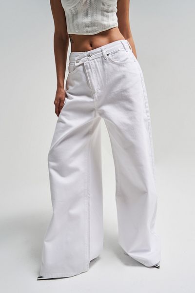 its basic Γυναικείο λευκό χρώμα 5s5-2 Mega Baggy Fit Loose Cut 100% Cotton Belt Λεπτομερές τζιν τζιν