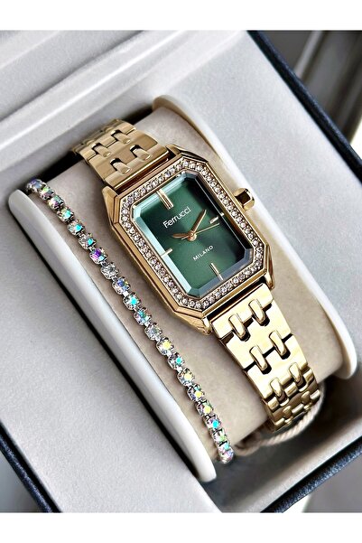 Ferrucci Altın Renk Taşlı Kare Model Garantili Şık Kadın Kol Saati + BİLEKLİK