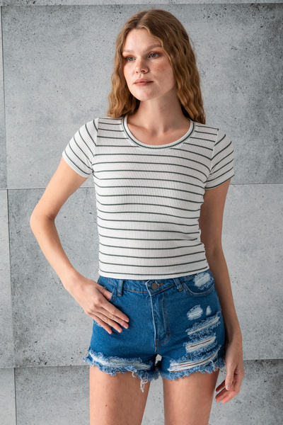 GİYSA Жіночий велосипедний комір з короткими рукавами, смугастий боді, відкри...