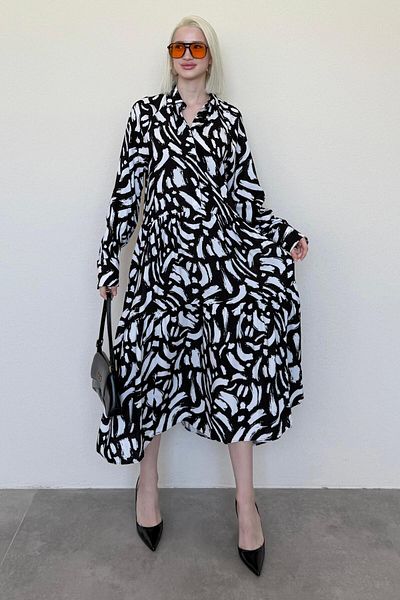 Madmext White Long Sleeve Buttoned Patterned Dress Mg2431