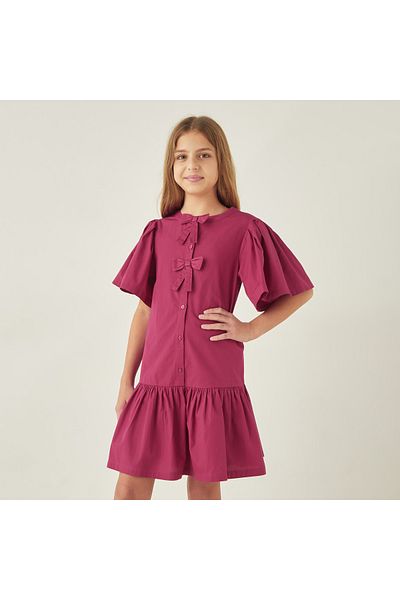 Juniors Solid Drop Waist Dress With Bow Applique And Flutter Sleeves