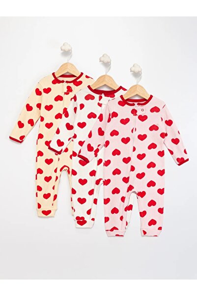 ENİA BABY Kız Bebek Baskılı Pamuklu Manşetli 3lü Tulum Seti Renkli Desenli 9-...