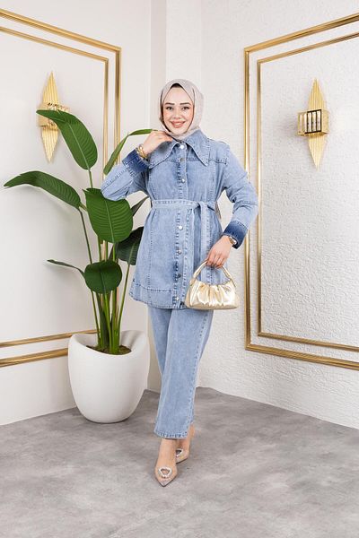 HARMAN BUTİK Women's buttoned belted 2-piece denim set