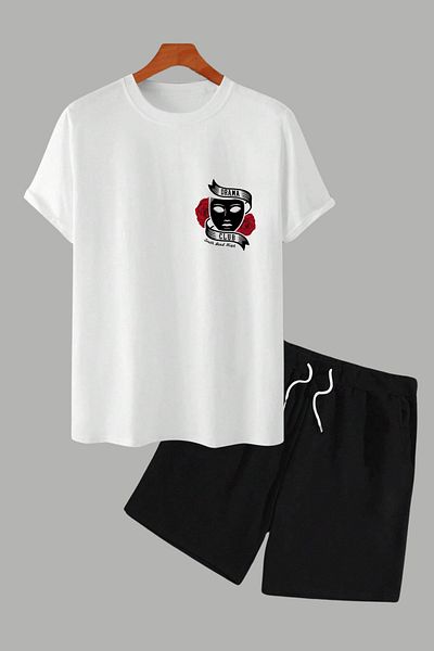 MELADYAN Dramaclubtop Printed White T-Shirt Black Shorts Bottom Top Set