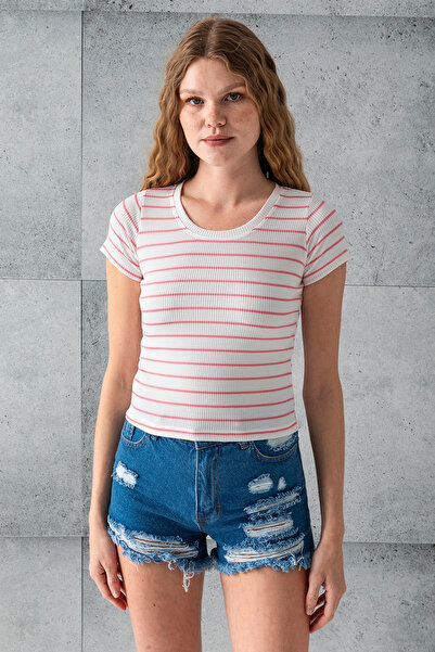 GİYSA Women's Crew Neck Short Sleeve Striped Bodysuit Pink 25506