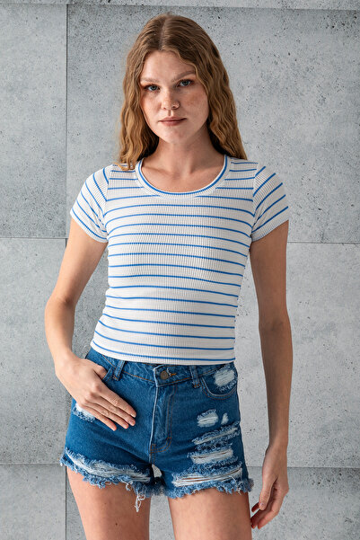 GİYSA Жіночий велосипедний комір з короткими рукавами, смугастий боді, синій 25506