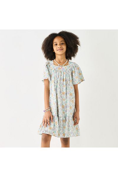 ELIGO All-Over Floral Print A-Line Dress With Schffli Detail And Flutter Sleeves