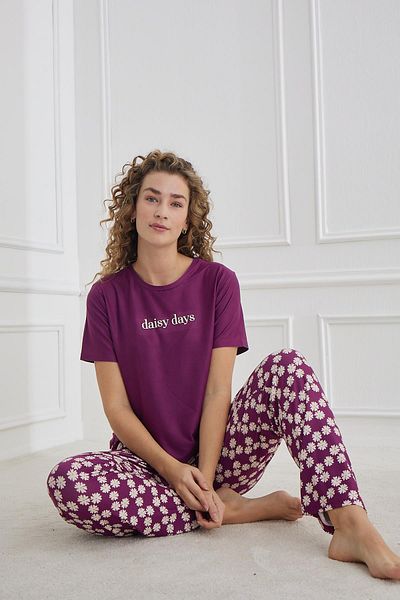 Kompedan Γυναικείο κοστούμι πιτζάμες με μοτίβο Daisy Crew Neck |   Μωβ 30102-1284