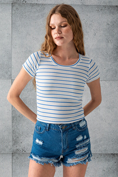 GİYSA Жіночий велосипедний комір з короткими рукавами, смугастий боді, синій 25506