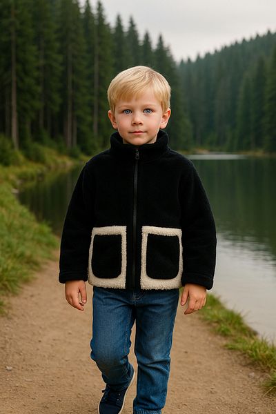 Firststops Boy's Plush Black Ecru Pocket Zippered Welsoft Winter Coat