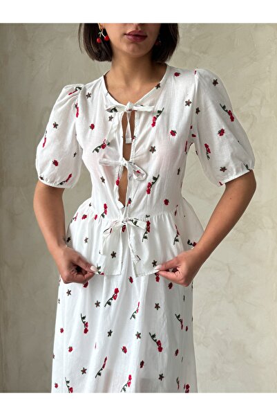 Miss Allos Women's Floral Print Hem Flounce Tie Front Blouse