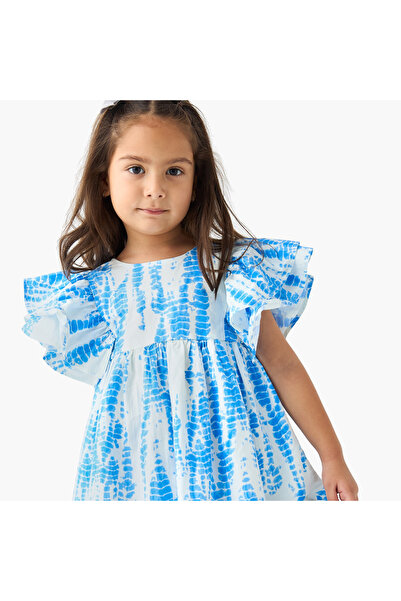 Juniors All-Over Tie-Dye Print A-Line Dress With Flutter Sleeves