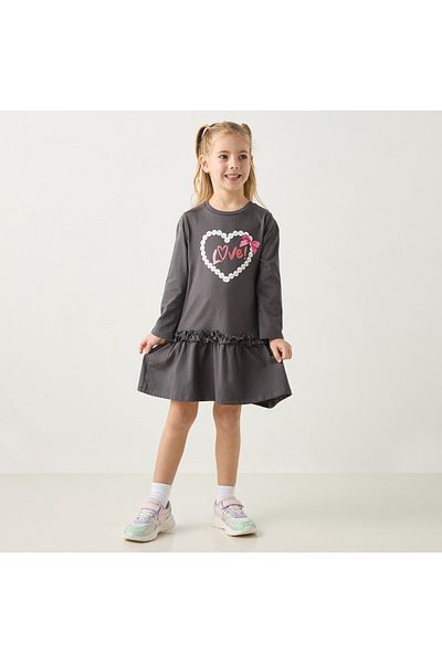Juniors Heart Print Drop Waist A-Line Dress With Long Sleeves
