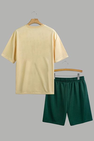 MELADYAN Boxer Dog Printed Beige T-Shirt Green Shorts Top and Bottom Set