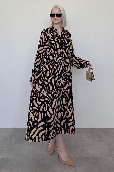 Madmext Beige Long Sleeve Buttoned Patterned Dress Mg2431