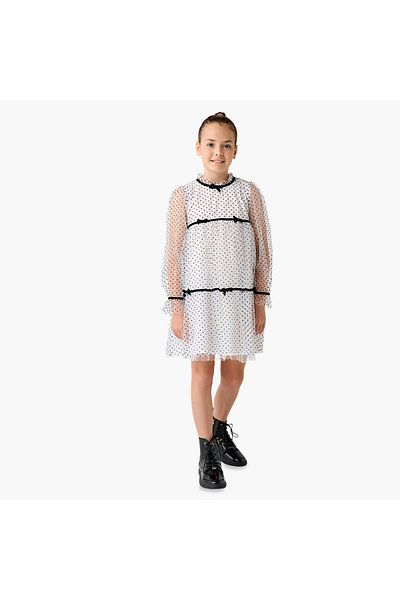 Juniors All-Over Polka Dot Print A-Line Dress With Long Sleeves And Bow Detail
