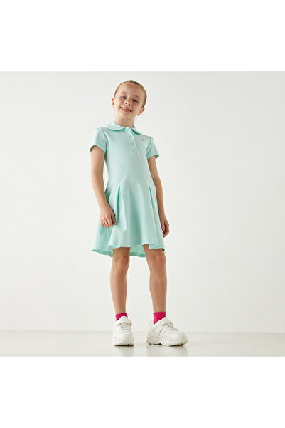 Juniors Solid Polo Neck Dress With Short Sleeves