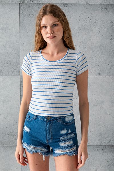 GİYSA Body cu mânecă scurtă cu gât și dungi pentru femei, albastru 25506