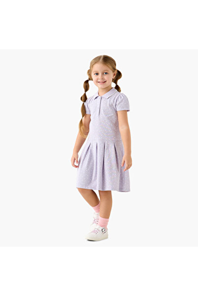 Juniors All-Over Polka Dot Print A-Line Polo Dress With Short Sleeves