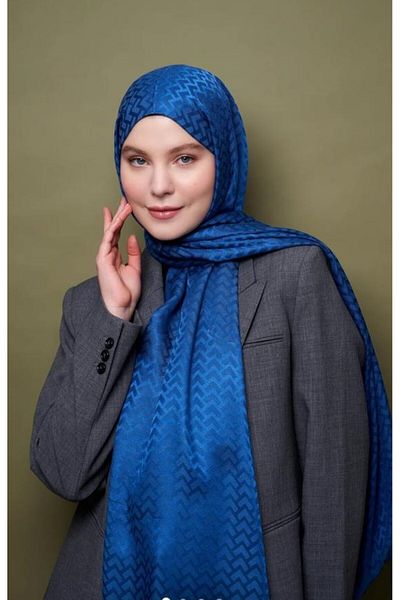 Modakaşmir Indigo Colored Silky Jacquard V Patterned Shawl