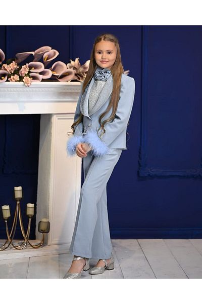By Feyza Kids Collection lány gyerek dizájn stílusos szerszámos kővel hímzett blúz, tollkabát, nadrág és nyakrózsa részletes teljes készlet