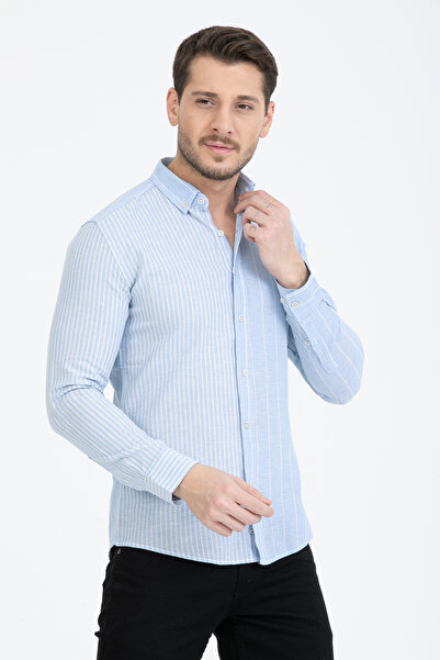 Klothy Erkek Uzun Kol Çizgili Premium Keten Gömlek 2576