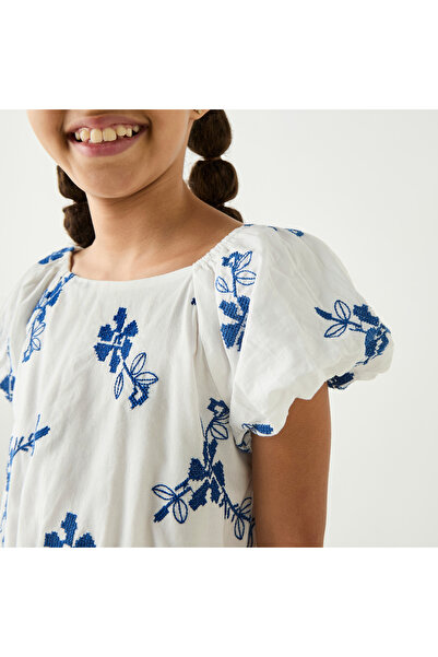 ELIGO Floral Embroidered A-Line Dress With Puff Sleeves