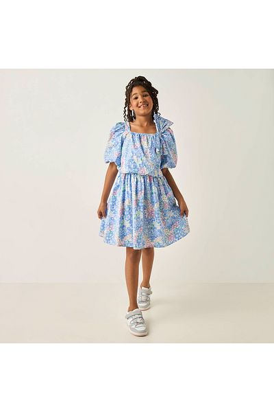 Juniors All-Over Floral Print Bow Applique A-Line Dress With Square Neck And Short Puff Sleeves
