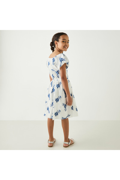 ELIGO Floral Embroidered A-Line Dress With Puff Sleeves
