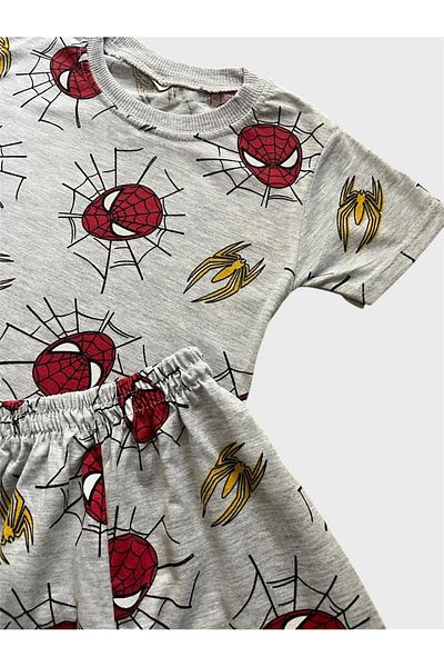 TOFU KİDS Boys' Cotton Gray Red Spiderman Patterned Short Sleeve Shorts Summer Pajama Set