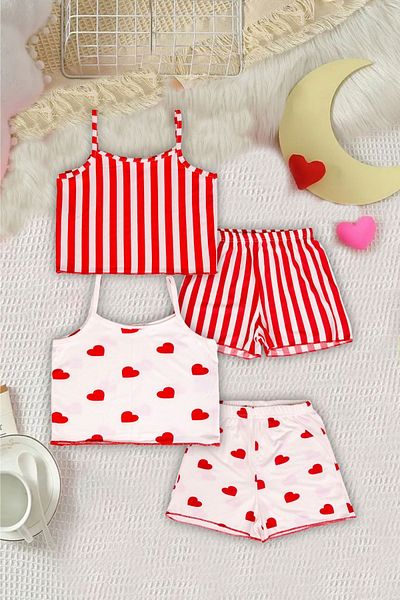 Beniizle Heart and Striped Suspender Top, Shorts 2-Piece Girls' Pajama Set