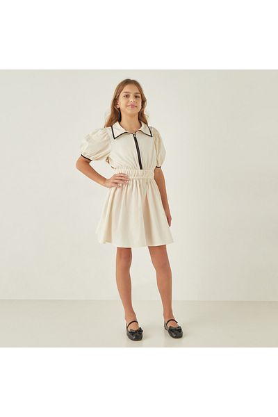 Juniors Solid Collared Dress With Short Puff Sleeves And Piping Detail