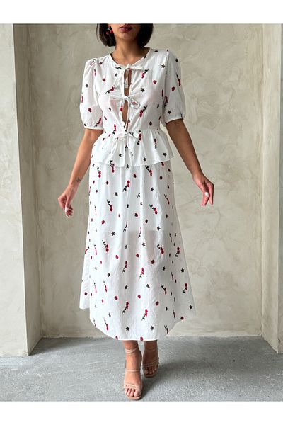 Miss Allos Women's Floral Patterned Midi Length Linen Skirt