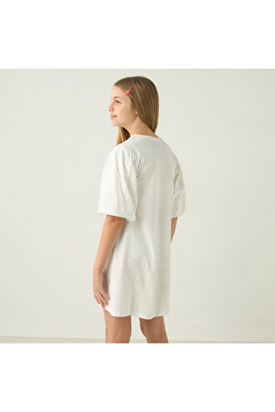 Juniors Slogan Print Round Neck Dress With Balloon Sleeves