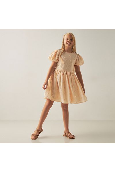 ELIGO Floral Embroidered A-Line Dress With Short Puff Sleeves And Zip Closure