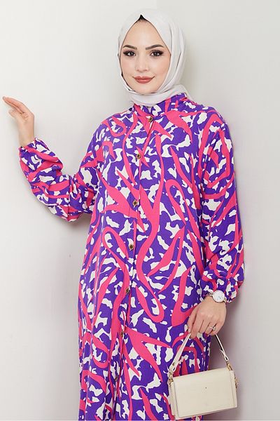 Bestenur Stripe Pattern Buttoned Woven Viscose Dress 1481 - Purple