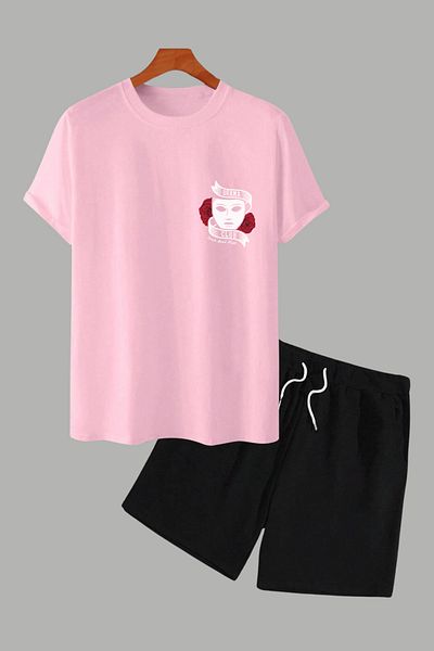 MELADYAN Dramaclubtop Printed Pink T-Shirt Black Shorts Bottom Top Set