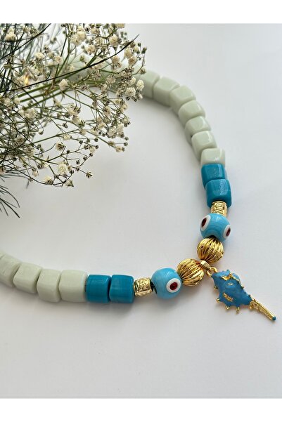 mibrillo Handmade Basement Beads Sea Shell Detailed Glass Beads Necklace