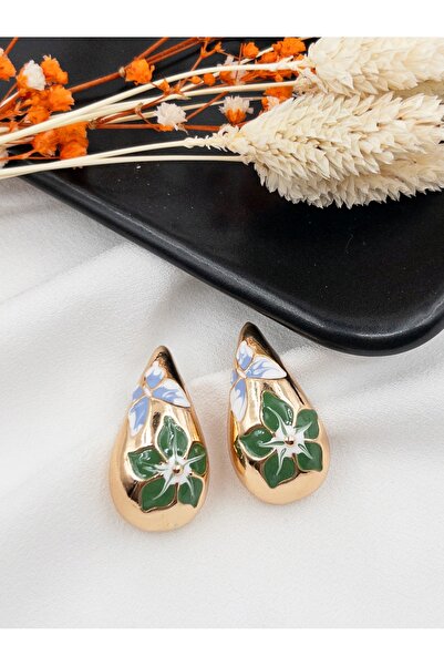 Siya Silver Mavi Yeşil Çiçek Desenli Vintage Damla Küpe