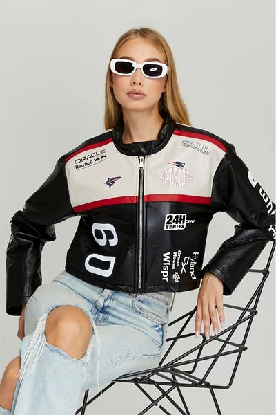 Black Level Jachetă motociclistă oversize pentru femei - din piele puf, cu imprimeu, dungi și fermoar