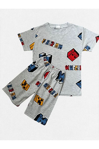 TOFU KİDS Boys' Cotton Gray Color Block Game Patterned Short Sleeve Shorts Summer Pajama Set