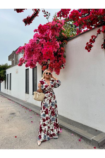 Hotfashion Elastic Waist Flowers Dress Mini Burgundy